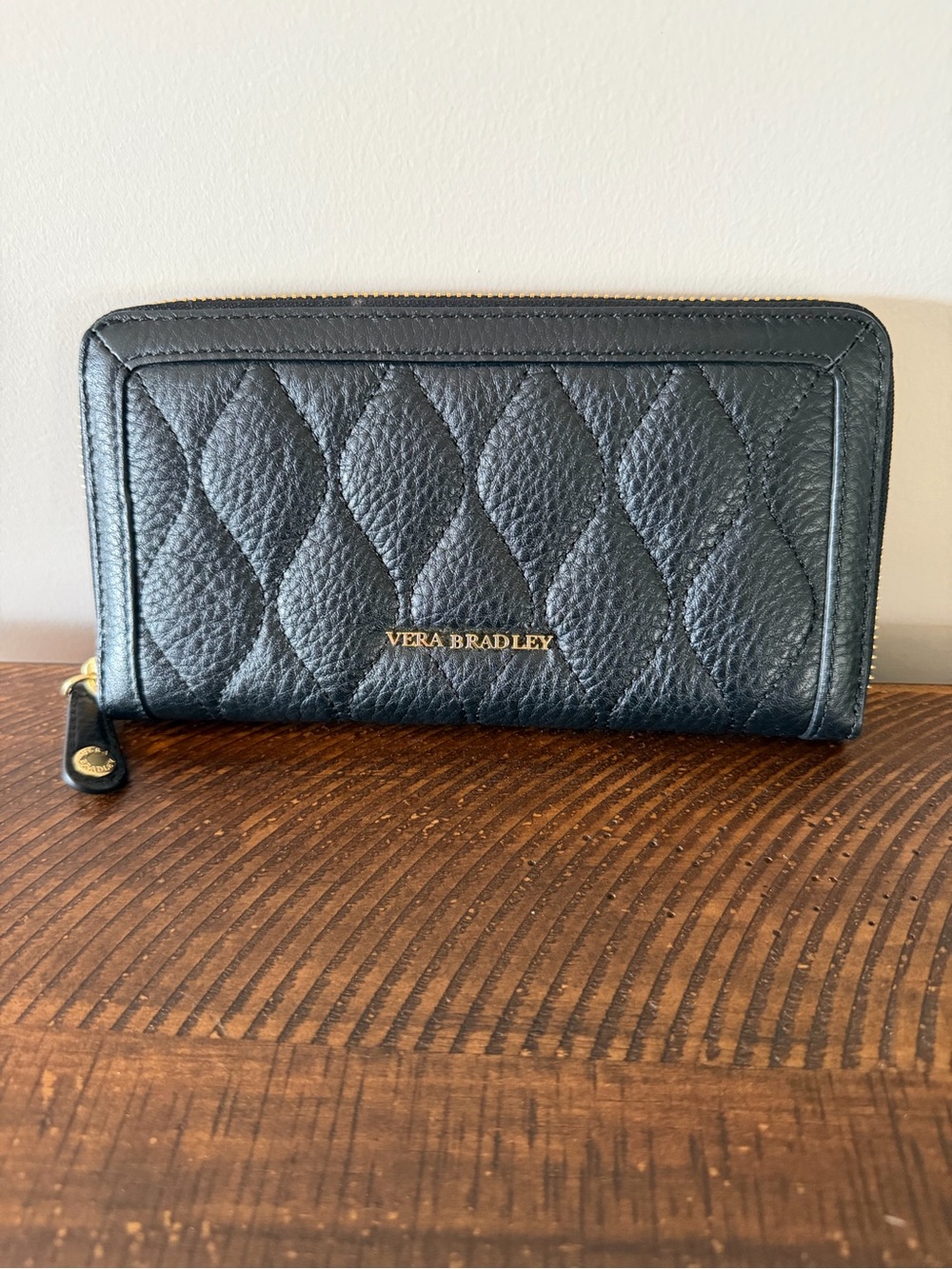 Vera Bradley Quilted Black Zip Wallet with Gold Logo